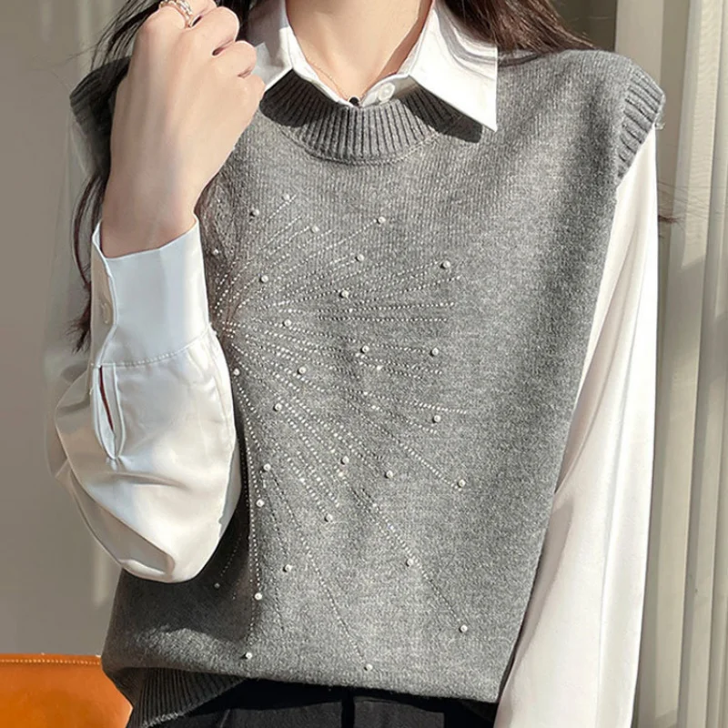 New Spring Autumn Round Neck Sleeveless Knit Vest - Solid Color Beaded Design Versatile Loose Fit Base Layer