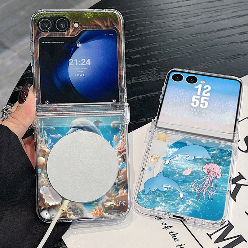 Starry Sea Dolphin Print Case For Samsung Z FlIP 7 FE 6 5 Magnetic Hinged Clear PC Folding Cover For Galaxy Z Flip7 Flip6 Flip5