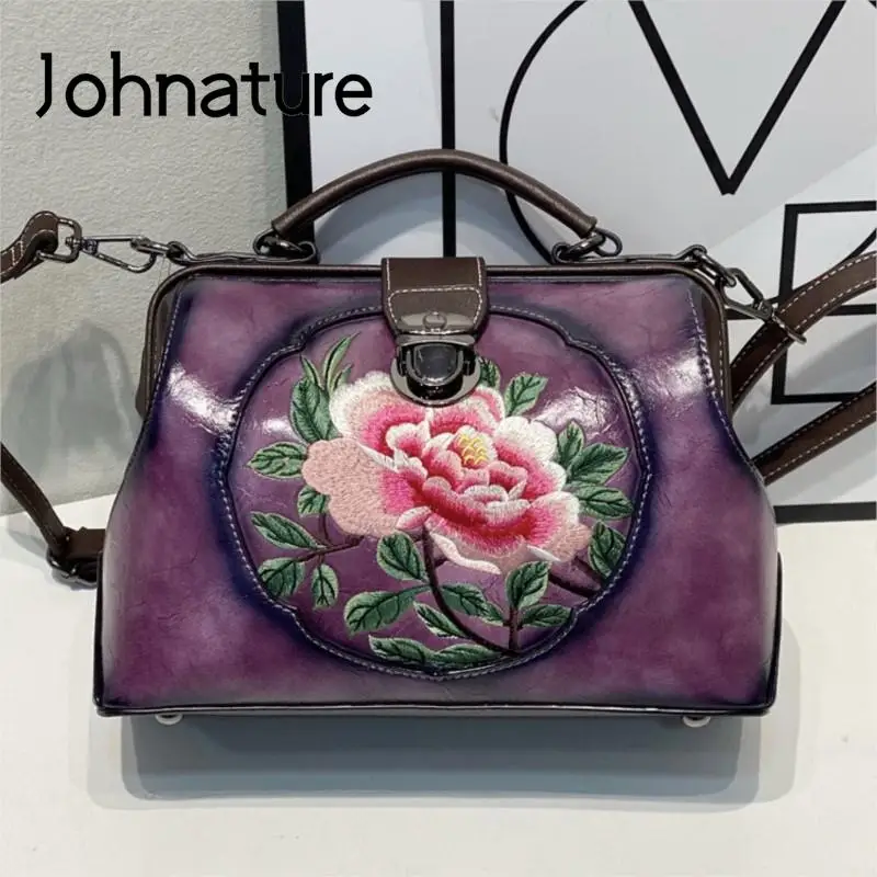 

Johnature 2024 New Vintage Embroidery Handbag Women Leather Bag Versatile Beautiful Flowers Large Capacity Ladies Shoulder Bags