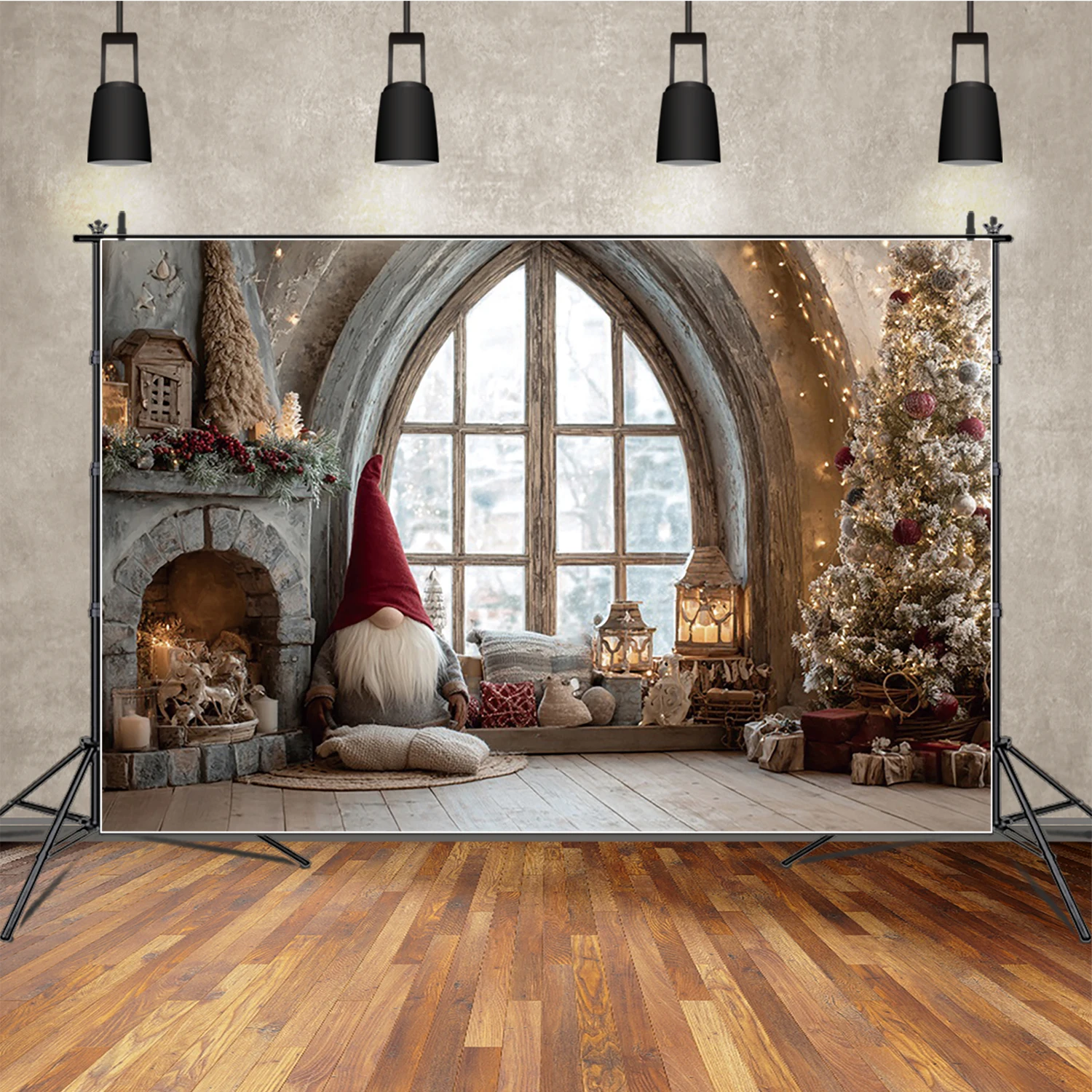 

MOON.QG Arch Window Christmas Photo Background Fireplace Xmas Trees Candle Backdrop Decoration Photography Accessories Studio