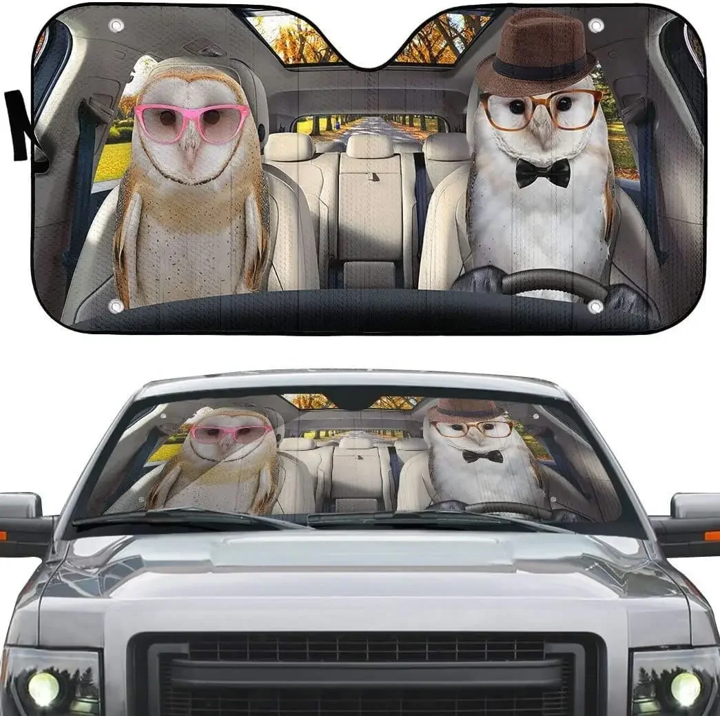 Barn Owls Couple in Glasses Autumn Road Left Hand Drive Car Sunshade, Barn Owl Couple Driving On Highway Autumn Auto Sun Shade,