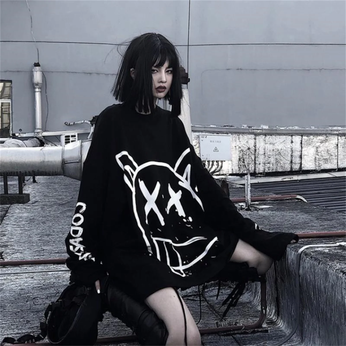 Cool Women Korean Fashion Oversized Long Sleeve T Shirt Hip Hop Punk Streetwear Girls Tees Black Loose Long Sleeve T Shirt Males