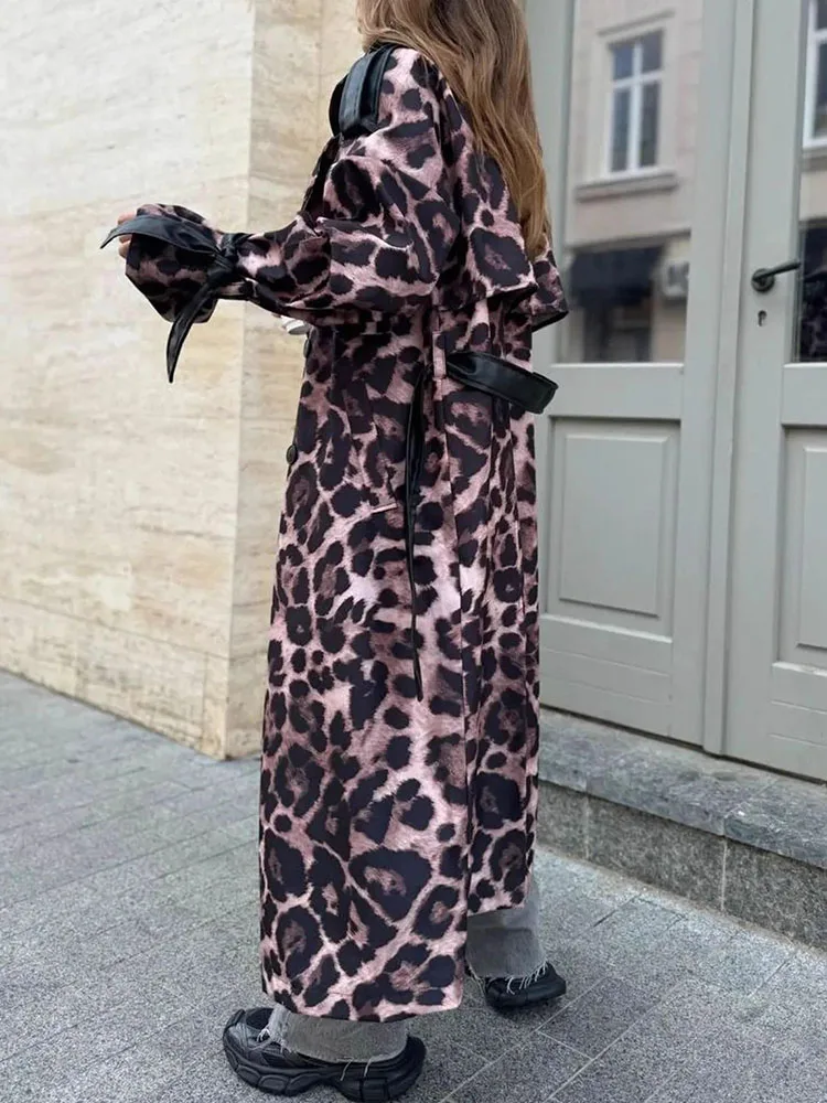 

Винтажный плащ с длинными рукавами и леопардовым принтом, женская куртка с лацканами для отдыха, шикарная однобортная куртка на шнуровке с карманами