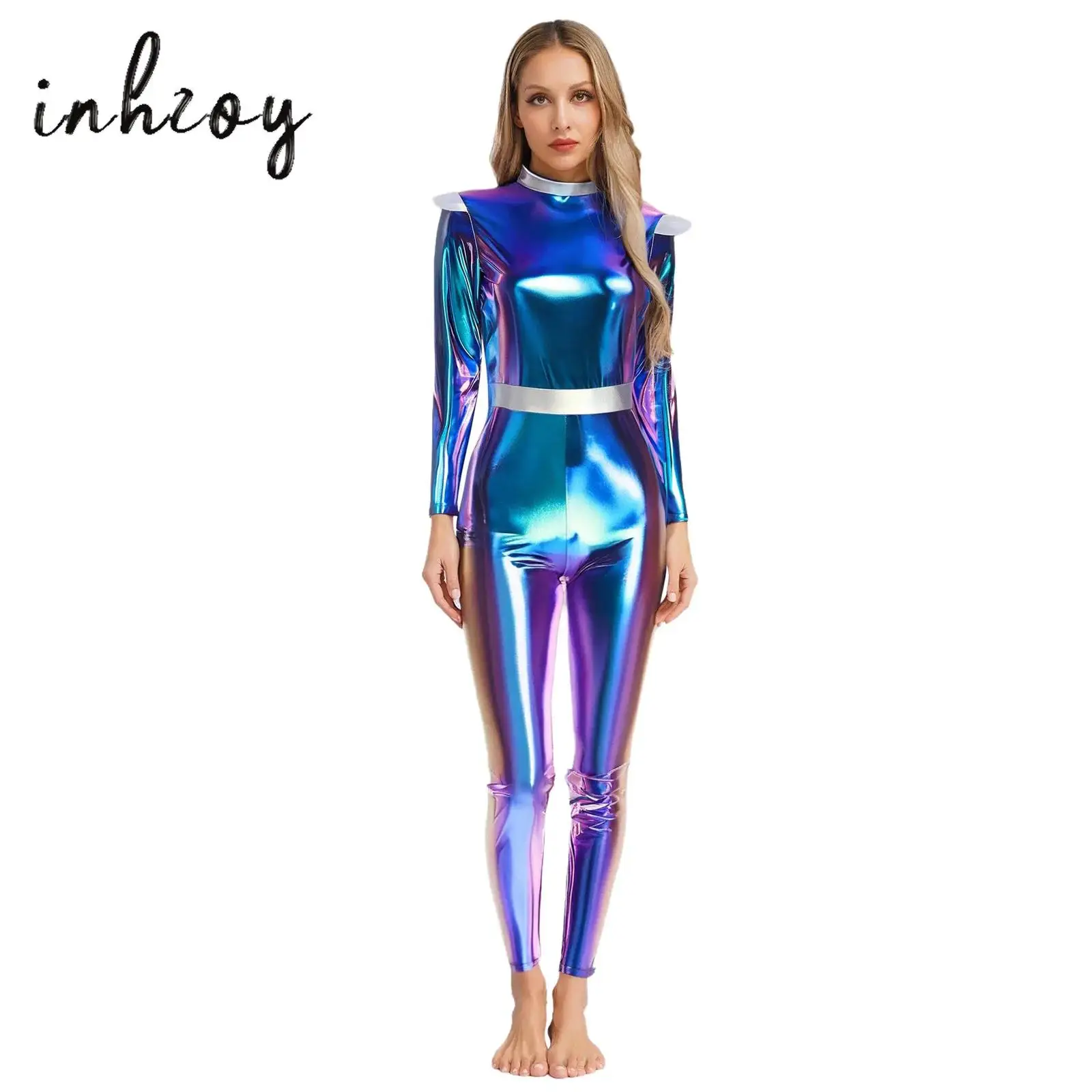 

Women Halloween Alien Costume Long Sleeves High Waist Long Jumpsuit Outer Space Cutie Robot Costume for Theme Party Role Play