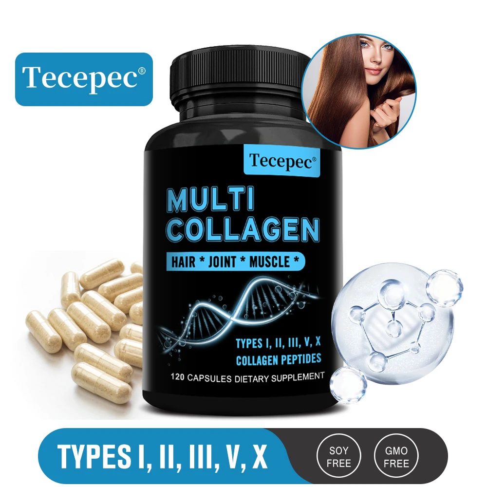 Tecepec Multi-Collagen Capsules Types I、II、III、V、X, Skin, Hair, Nails, Bones, Joints and Gut Health, Antioxidant