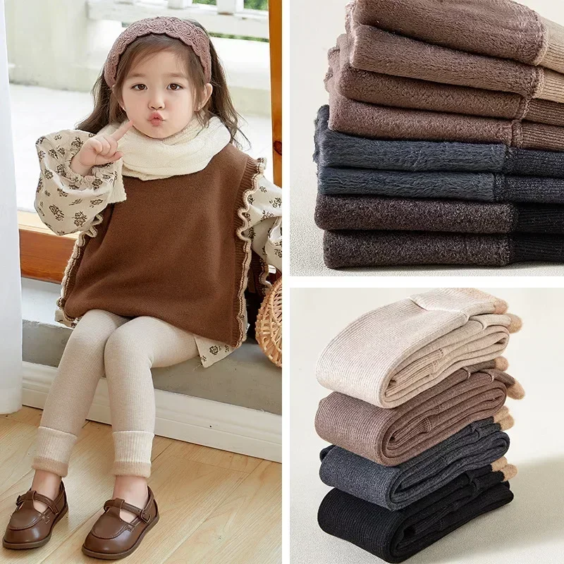 2027 Autumn Winter Baby Girls Pant Baby Cotton Warm Leggings Children's Velvet Pants Solid Trousers Kids Clothes Korean Style