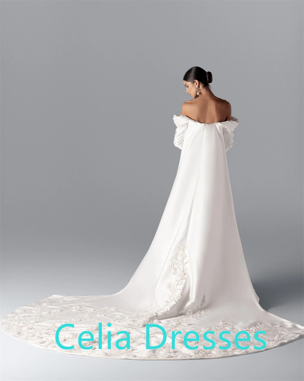 CustomizedCustomized Exquisite White Satin Evening Dress Boat Neck Off the Shoulder Long Sleeves Bridal Gowns Appliques Bridal P image 4