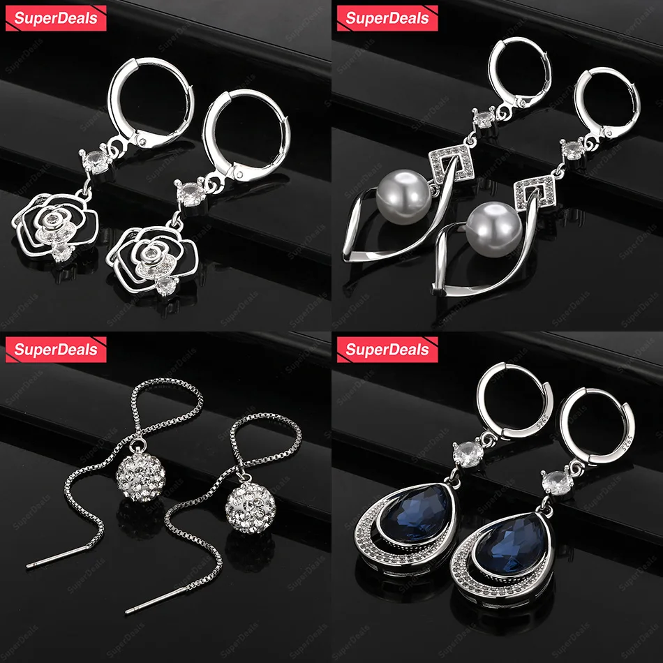 

SuperDeals 925 Sterling Silver Flower Water Drop Drop Earrings Classic Zircon Women's Quality Jewelry Anniversary Party Gifts