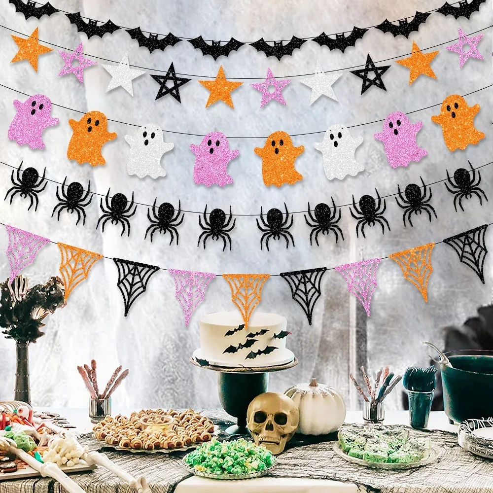 Halloween Party Decoration Banner Ghost Festival Atmosphere Decor Ghost Spider Flower Bat Banner Happy Halloween Day Garlands