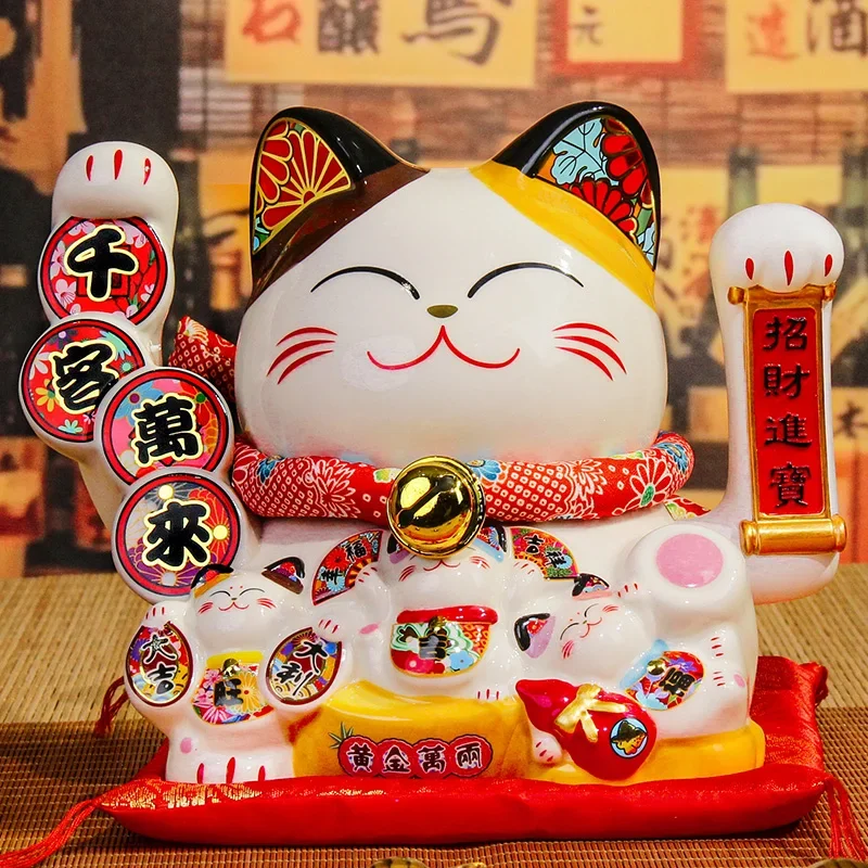 

8-inch Electric Waving Arm Ceramic Fortune Cat Figure for Home Entrance Decor / Feng Shui