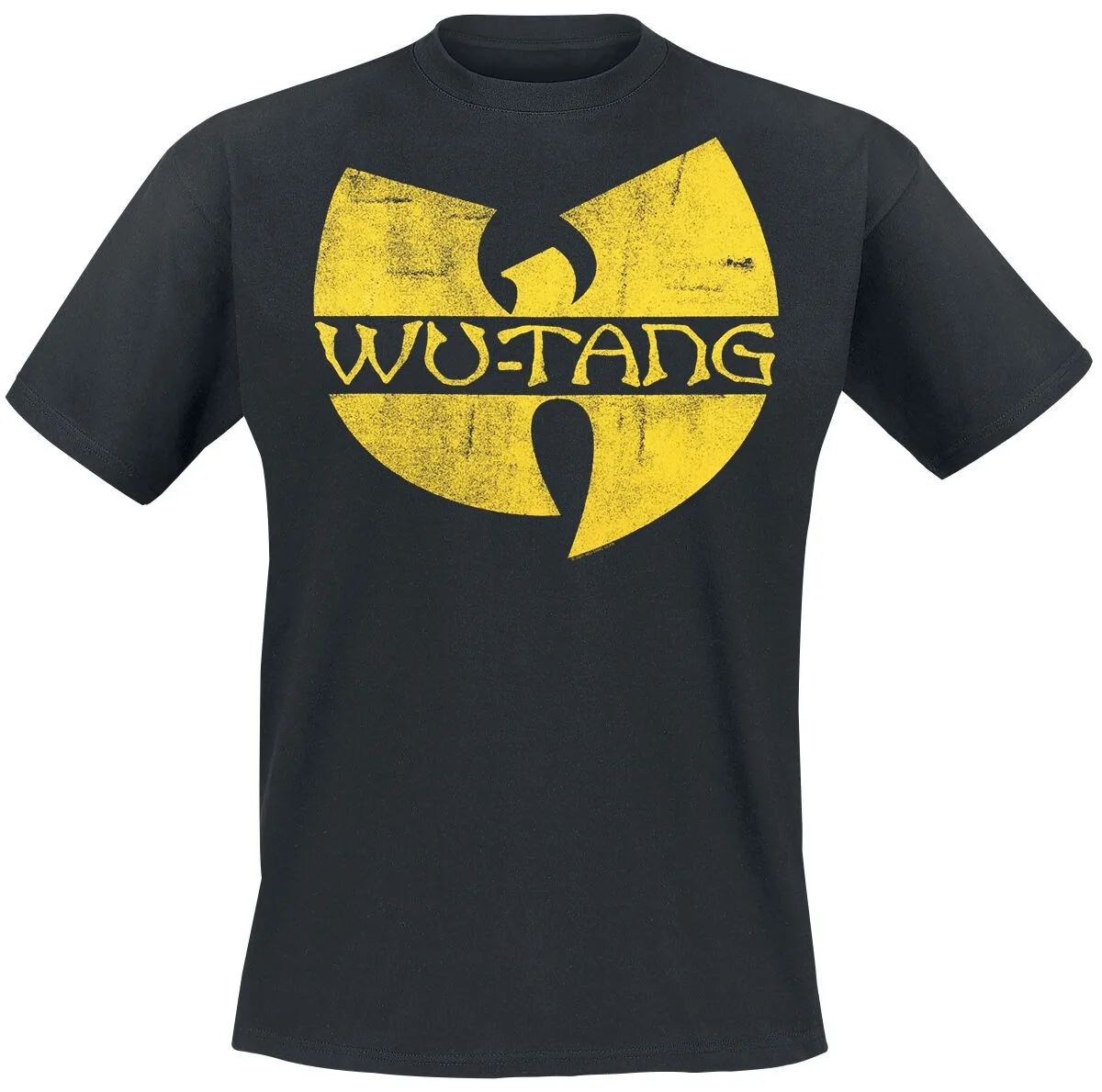 T-shirt noir avec imprimé jaune, logo Wu-Tang Clan, logo vintage vieilli, style hip-hop décontracté.