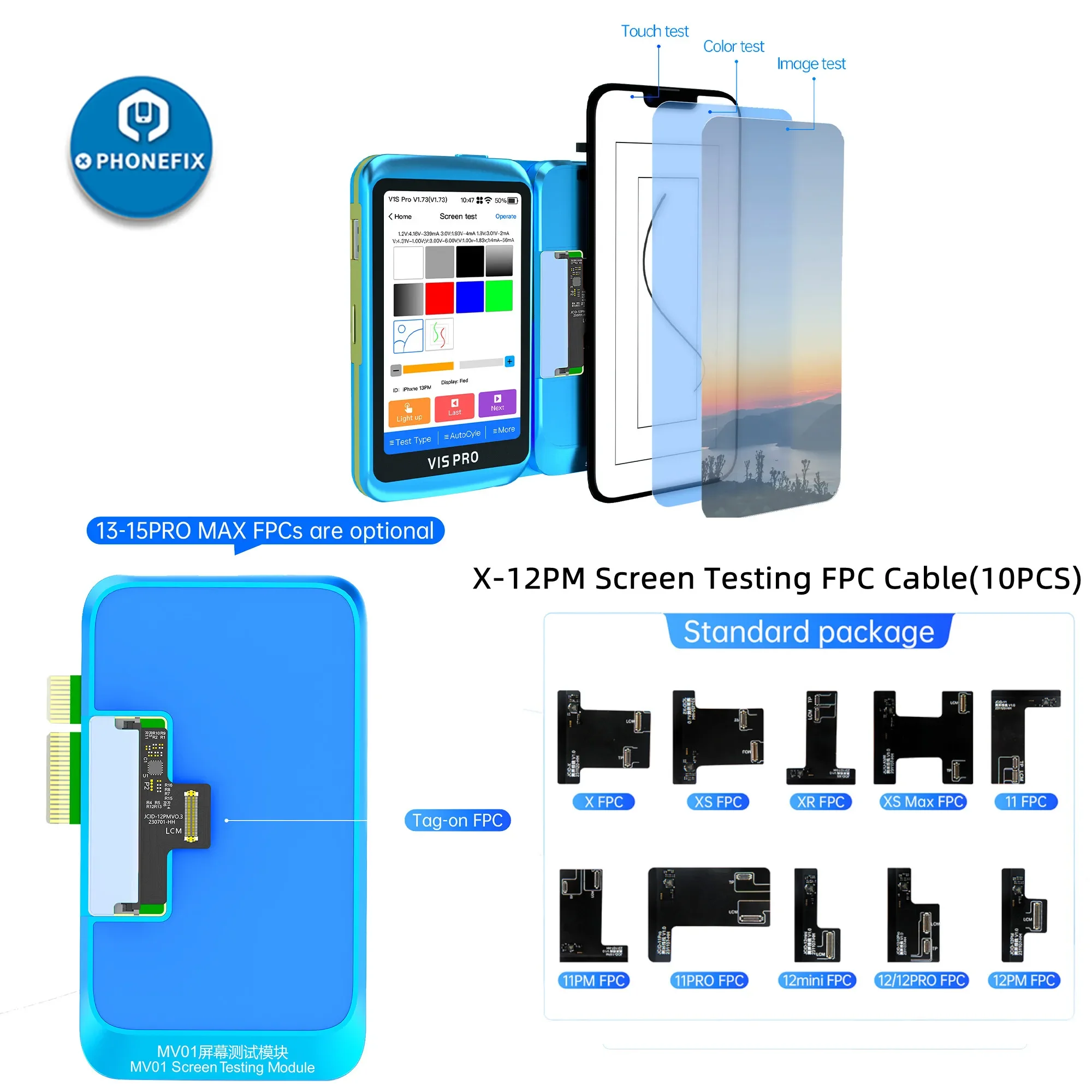 

JC JCID V1S PRO MV01 Модуль тестирования экрана для iPhone X 11 12 13 14 15 Pro Max Plus MINI Дисплей сенсорный полнофункциональный тестовый модуль