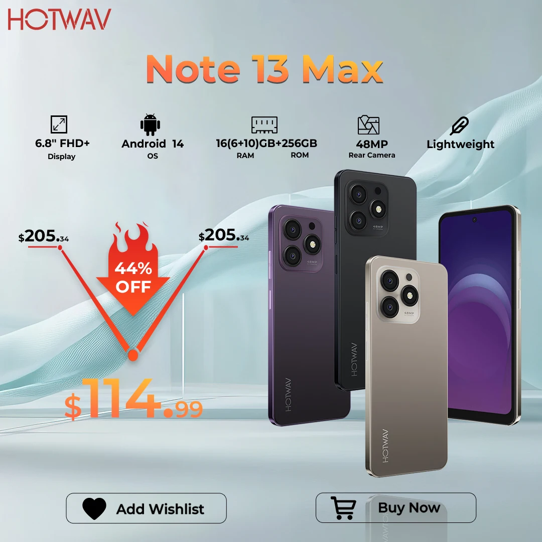 HOTWAV Note 13 Max Mobile Phone Android 14 6.8'' HD+ 16(6+10)GB 256GB Cellphone 48MP 5160mAh 9.2mm Ultra-Thin Smartphone