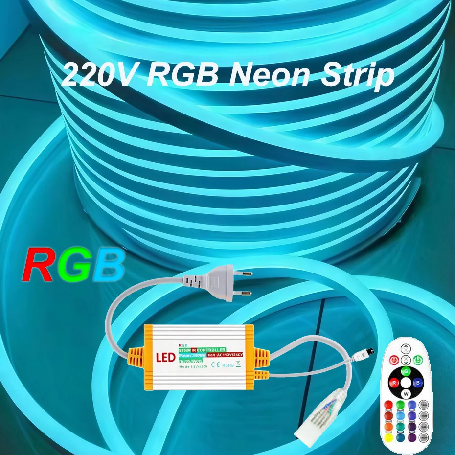 RGB LED Neon Strip Light 220V 72LEDs/m 1m/10m/20m/30m/50m IP65 Waterproof Flexible Tape 1500W EU Power Plug with IR Remote