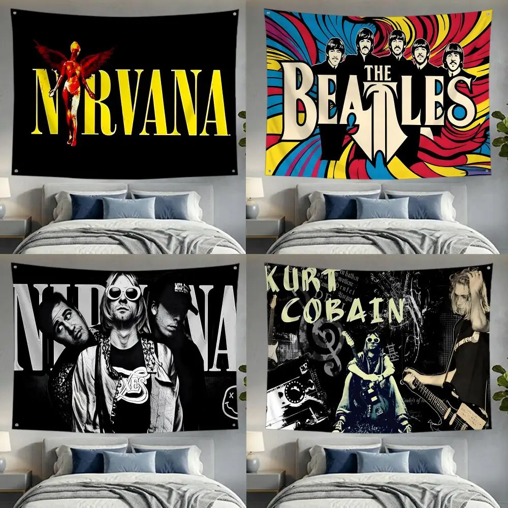 Band Music Rock Nirvana Flags Lightweight no edging four rings hanging for indoor and outdoor decor