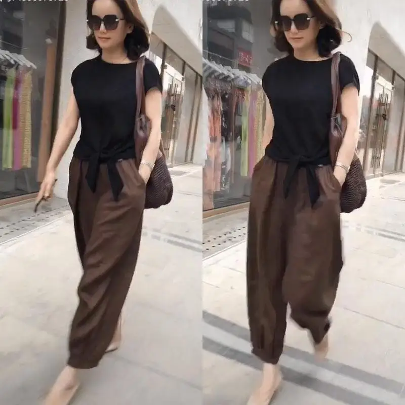 

Fashionable Summer Sportswear Casual Ladies plus Size Conceal Slimming Top Bottoms Two-Piece Set High Waist Long Pants