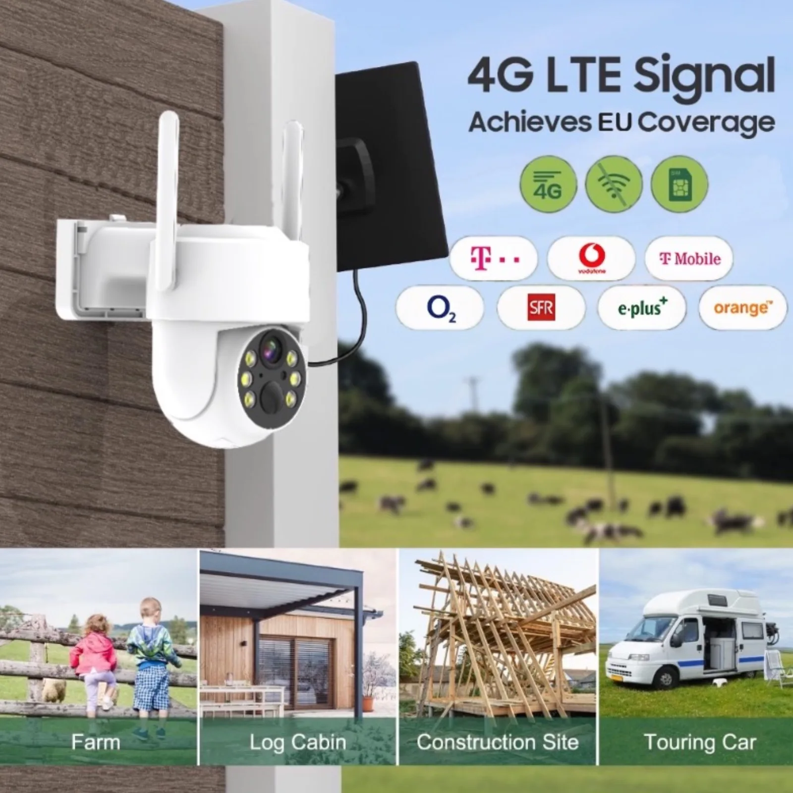 

4G LTE Cellular Security Camera For Achieves EU Coverage 2K Solar Powered Battery Cameras 355°PTZ Color Night Vision