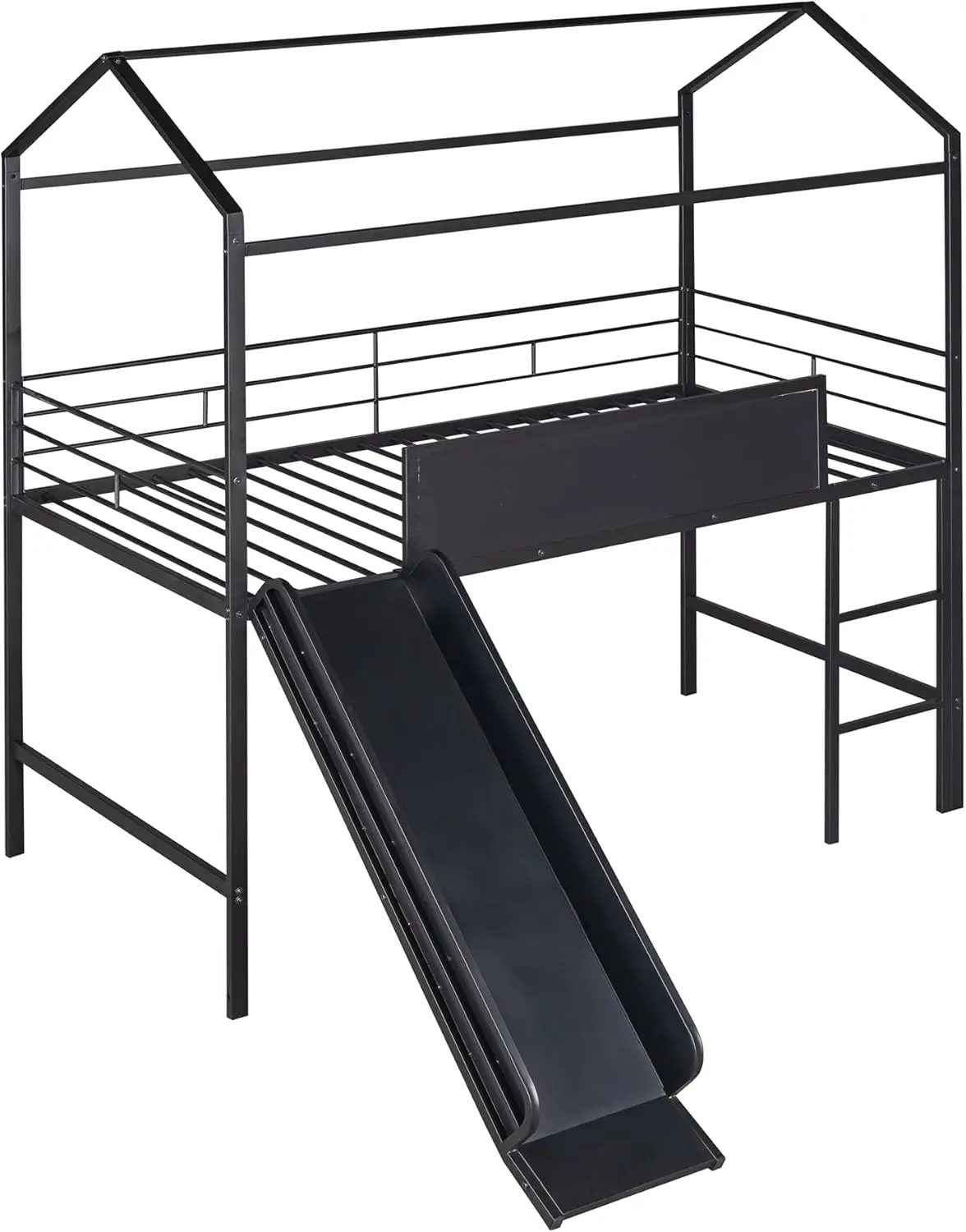 Bovza Twin Size House Loft Bed z przesuwaną i drabinką, metalowa rama łóżka na poddaszu z 2-stronną, zapisywalną drewnianą deską i dachem dla dzieci