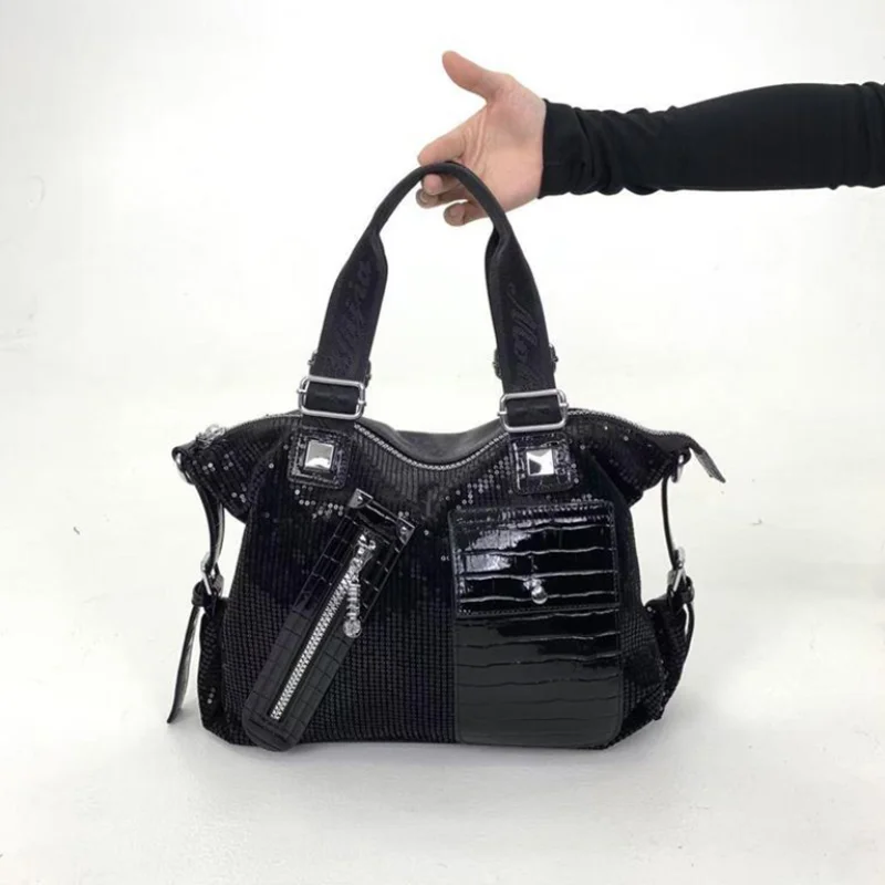 

New Trendy Y2k Shoulder Bag Luxury Genuine Leather Women's Handbag Shiny Sequin Design Retro Motorcycle Bag With Large Capacity