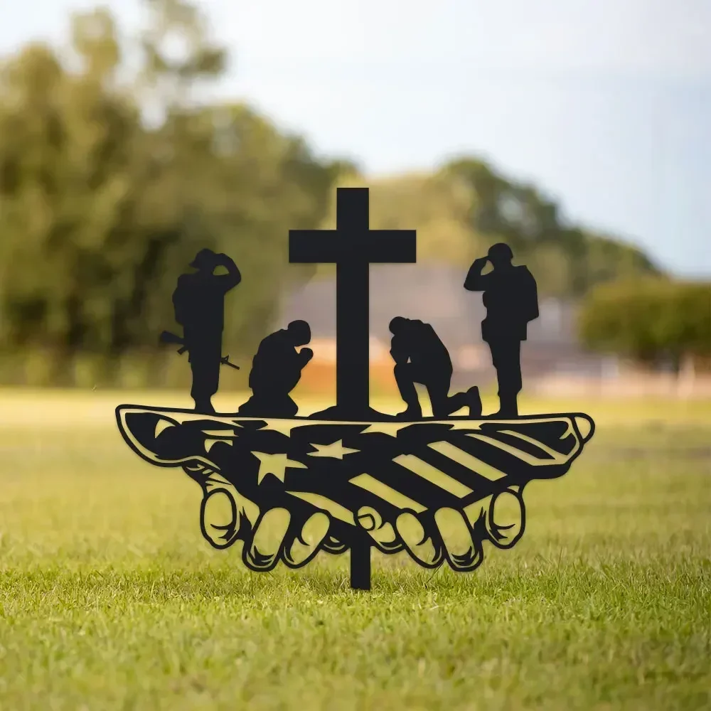 CIFBUY Veterans Memorial Soldier Kneel At Cross Metal Stake Patriotic Flag Silhouette Outdoor Lawn Flower Bed Yard Decoration