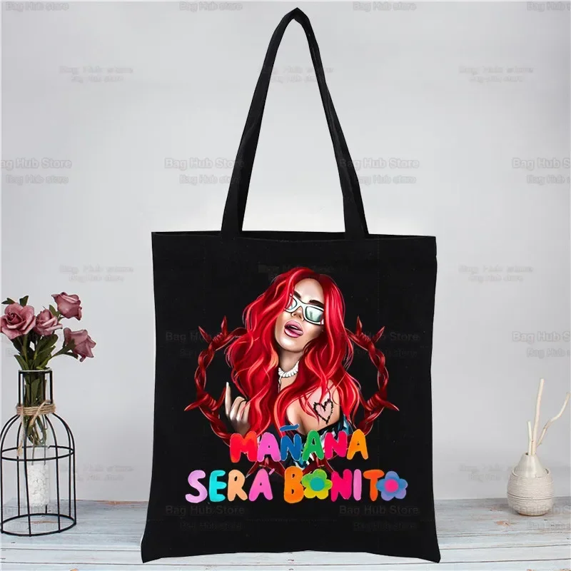 Karol G Bichota Manana Sera Bonito Music Singer Shopping Black Canvas Tote Bag Cartoon Reusable Cloth Bag Handbag Shoulder Bags