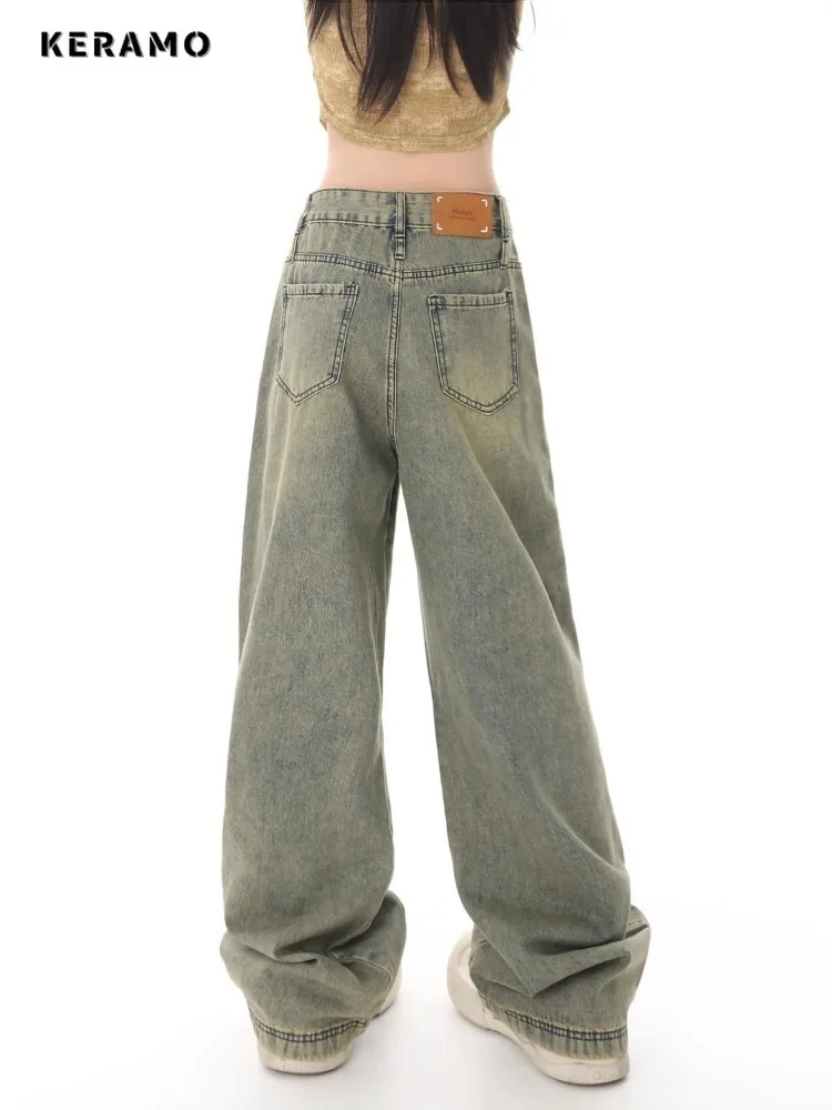 Jean droit taille haute vintage américain pour femme, pantalon baggy délavé des années 2000, jambe large, grunge, surintendant ser, Y2K