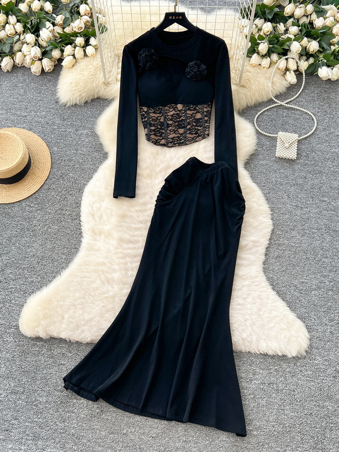 

Ele Lace Long Sve round Ne Выдалбливаемый топ с цветочным принтом и высокой талией Bodycon Fi Tail f Юбка Комплект женской моды