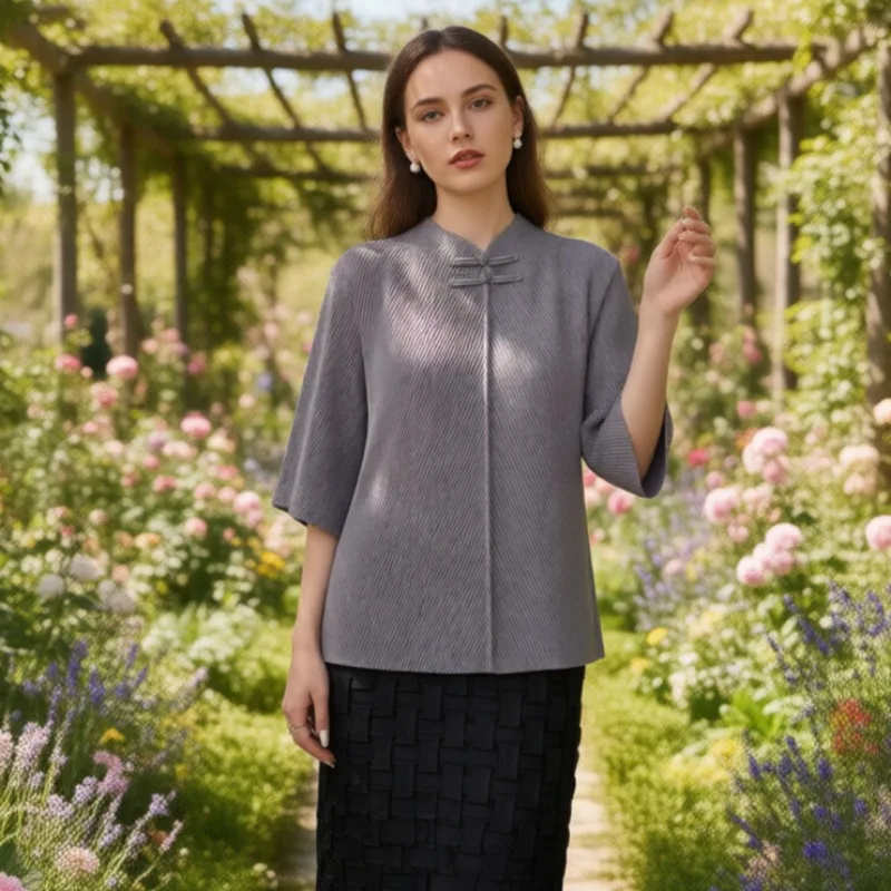 

Miyake Pleated Elegant T-Shirt 2026 New Plate Button Summer Tops Women's Comfortable Casual Loose Stretch Clothing Seven Sleeves