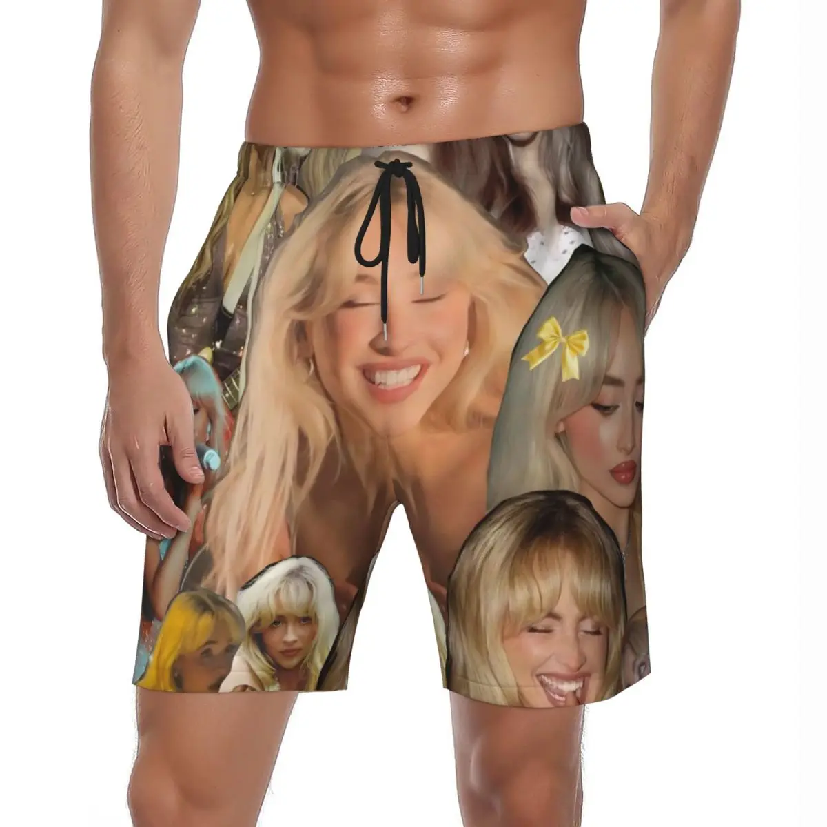 Summer Board Shorts Men's Sabrina Carpenter Singer Photo Collage Beach Short Pants Hawaii Quick Dry Swimming Trunks Plus Size