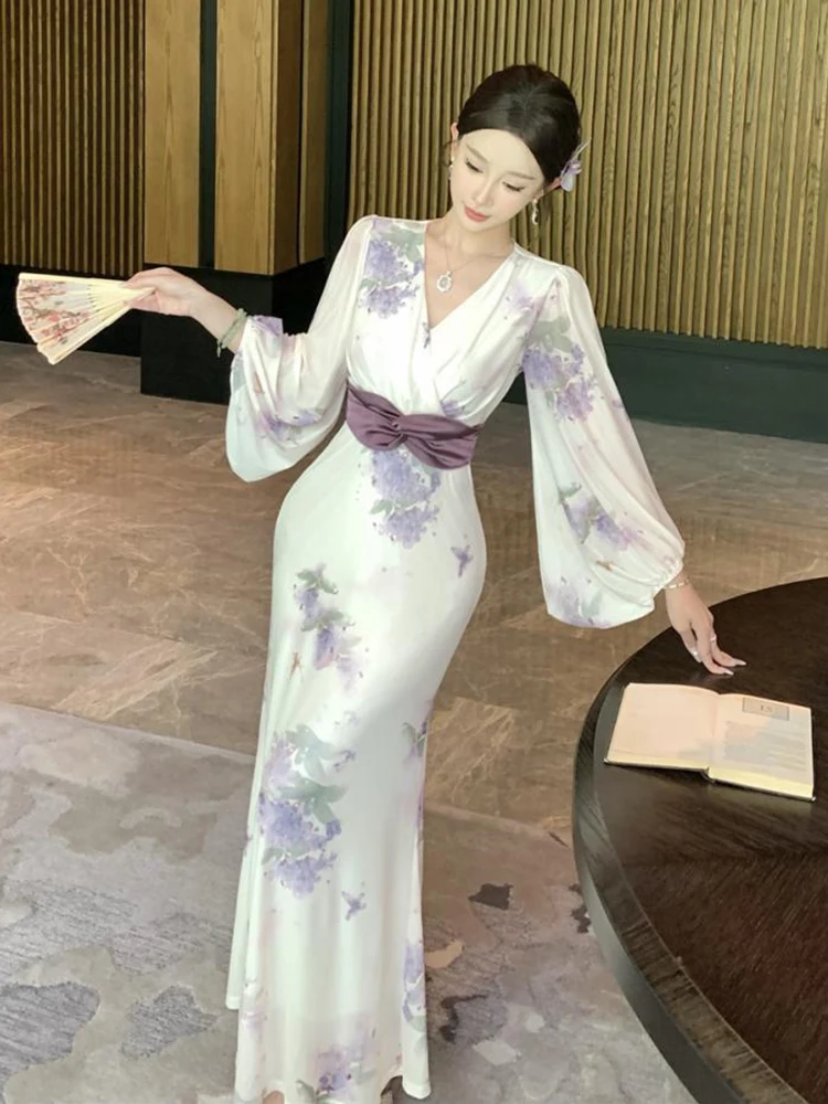 Vrouwen Kleding Zoete Bloemenprint V-hals Lace-Up Slanke Maxi Lange Jurk Elegante Dame Party Prom Vestido Gewaad Boho Casual Koreaanse Nieuw