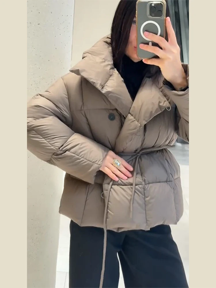 Solid Women's Coat Stand Collar Single Breasted Belt Lace Up Loose Female Cotton Padded Coats 2025 Autumn Fashion Lady Outwear