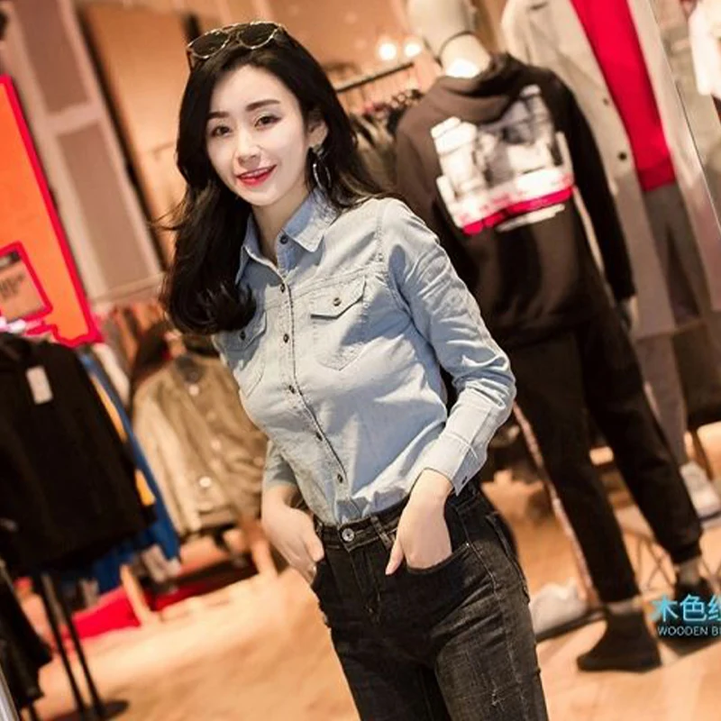 Fashionable Long Sleeved Denim Shirt for Women's Spring Autumn New Korean Version Causal Temperament Mid Length Versatile Top