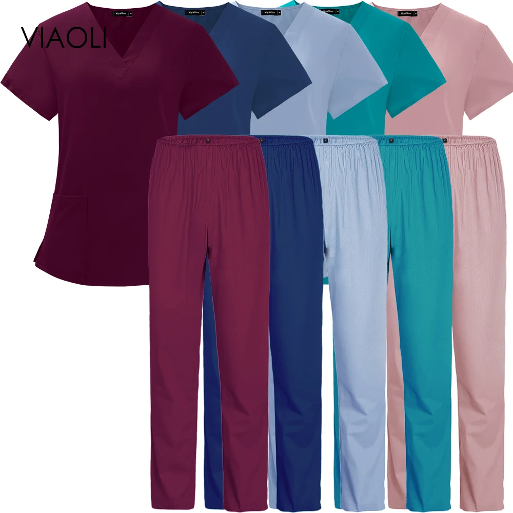 Effen Kleur Top + Broek Korte Mouwen Vrouwen Verpleegkundige Scrubs Uniformen Medische Gezondheid Service Werken Kleding Ademend Spa Uniformen