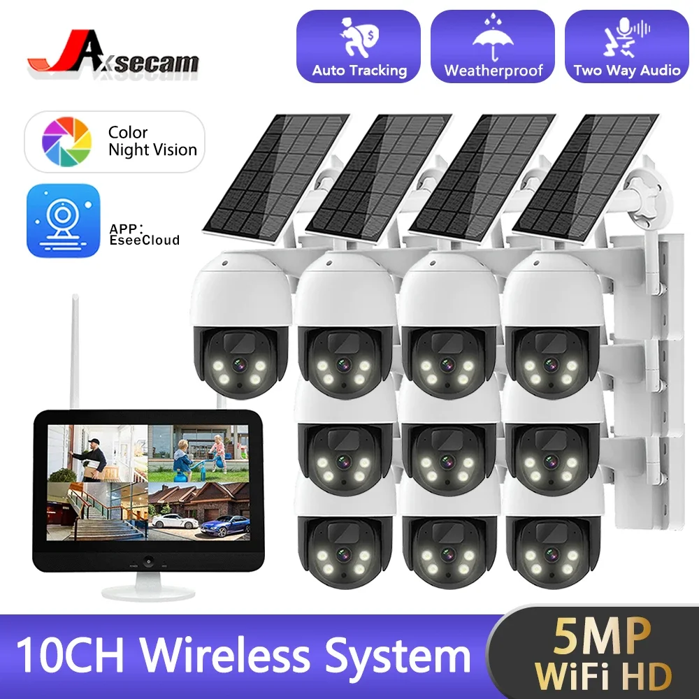 

10CH 12.5" LCD Monitor WiFi NVR 5MP Solar Powered Wireless Cam Kit Remote Access Built-in Battery Low Power Consumption Network