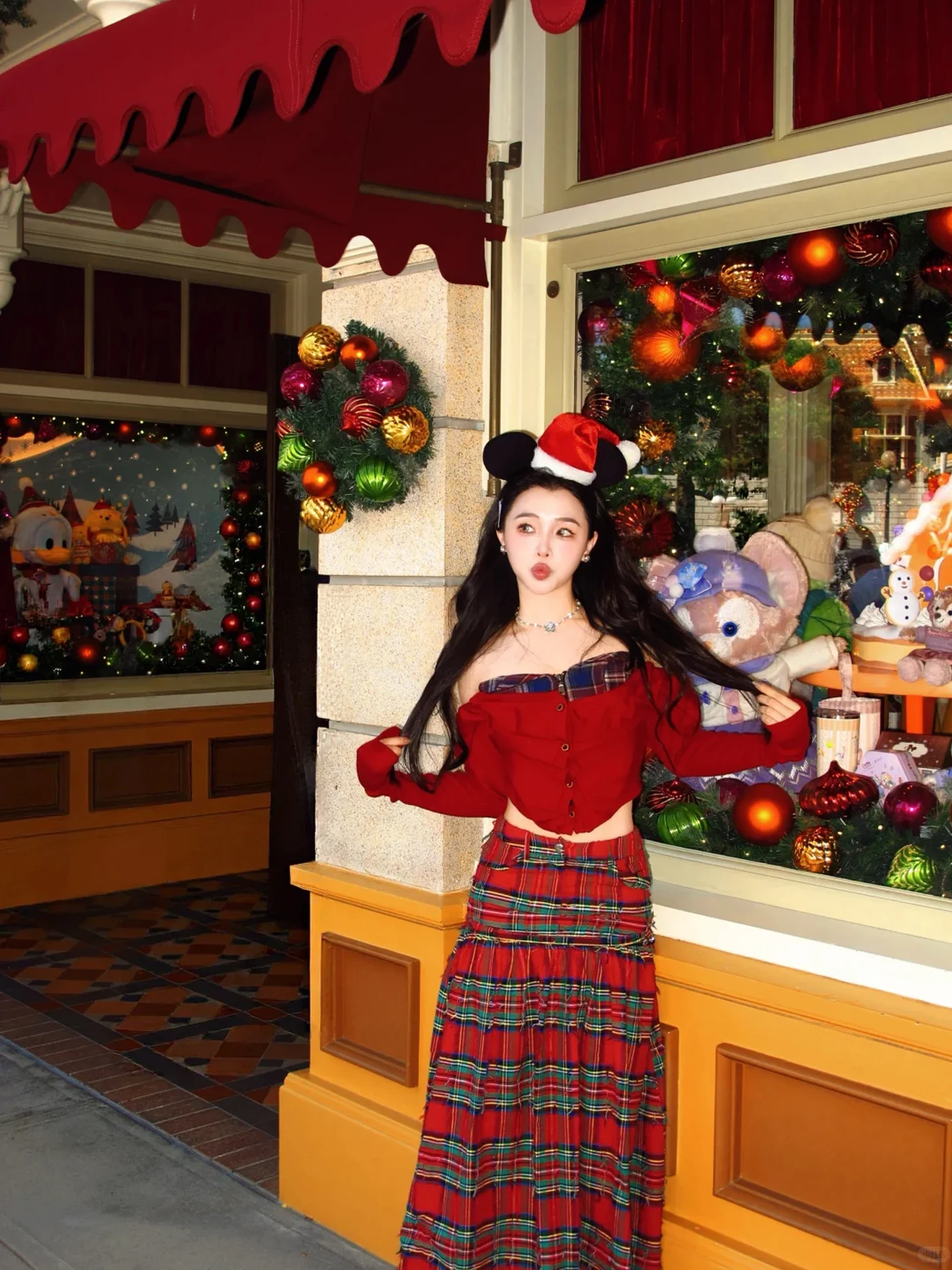 

KenI plus Size Christmas Knitted Top And High Waist Plaid Skirt Set Women's Winter Fashion Retro Style A-Line Dress Suit