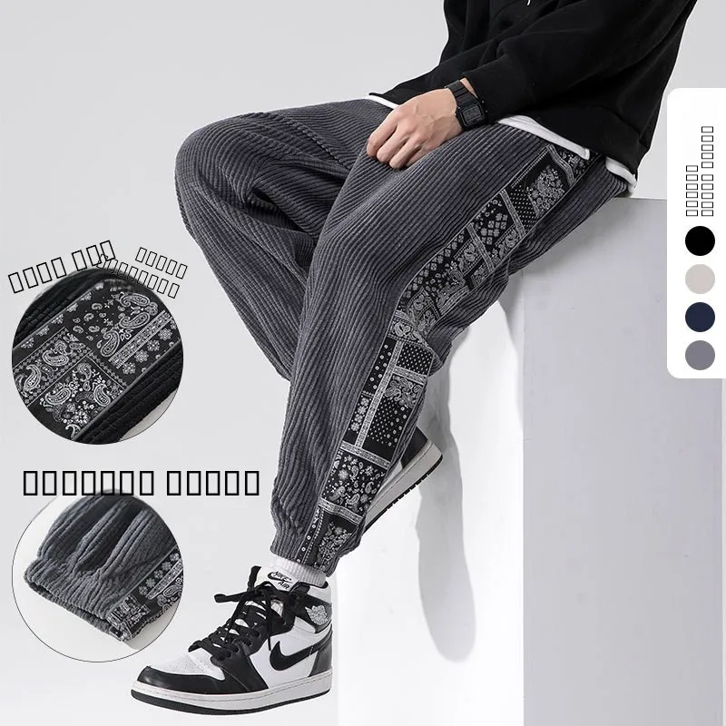 

Ebay Cross-Border Bestselling Large Size Japanese Sle Autumn Winter Corduroy Warmth Waistnut Flower Print Sweatpants