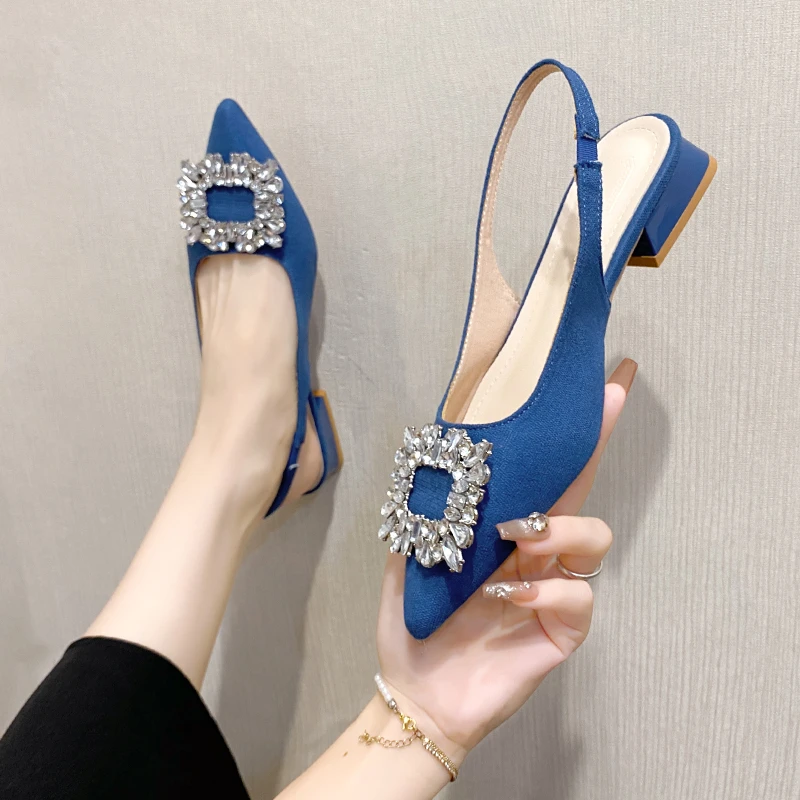 

New Style Fashion Beige Heeled Sandals Clear Shoes Women's Black Rhinestone Medium Pointed Closed Elegant Girls Zapatos Mujer