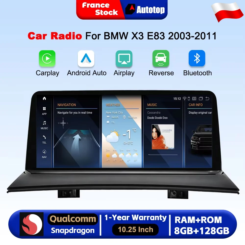 Radio samochodowe Qualcomm 4+64GB/8+128GB z bezprzewodowym CarPlay i Android Auto, ekran 10,25 cala, do BMW X3 E83 2003-2011, obsługa oryginalnego ekranu samochodowego, inteligentne systemy