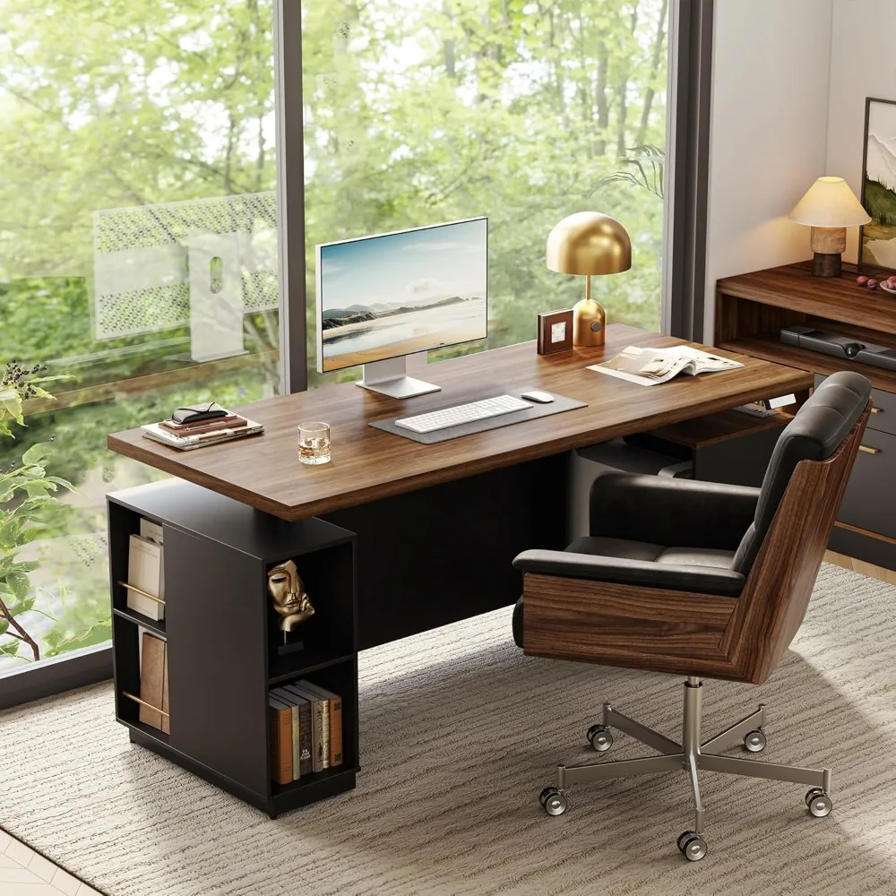 

70" Standing Executive Desk with Privacy Panel, Large One-Piece Electric Height Adjustable Stand Up Desk with Charging Station