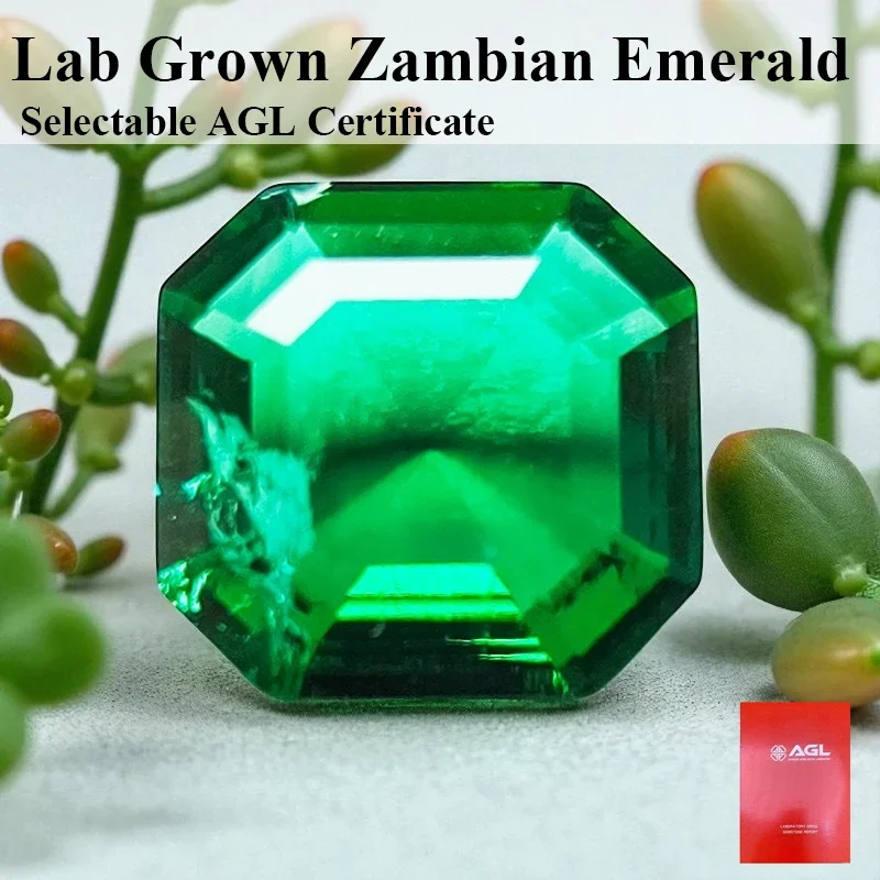 

Lab Grown Zambian Emerald Asscher Cutting Hydrothermal Hand Cut with Cracks Inclusions Inside Selectable Gift AGL Certificate