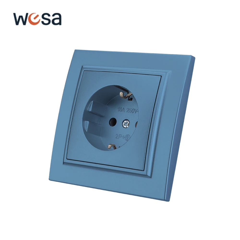 

WESA Blue Wall Embed Socket Plug Power Socket EU Electrical Outlett With Ground Flame Retardant Spray Paint Plastic Wall Socket