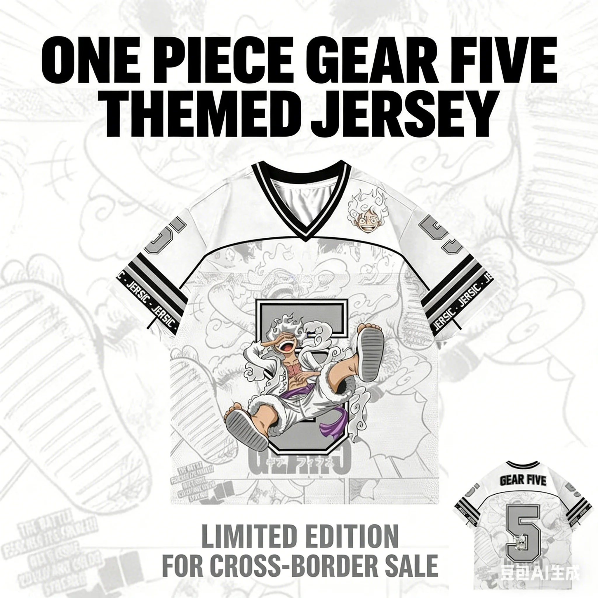 One Piece Luffy Gear 5 Anime Koreanischer Stil Kpop Baseball Hockey T-Shirt 5 Jersey Mode Streetwear Anime Alltags-Unisex-Oberteile Tees