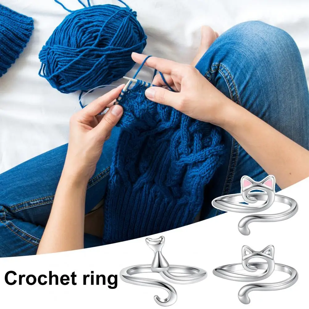 3Pcs Crochet Rings for Women Cute Cat Design Finger Guide Yarn Ring Adjustable Braided Alloy Ring Comfortable Yarn Handling Ring