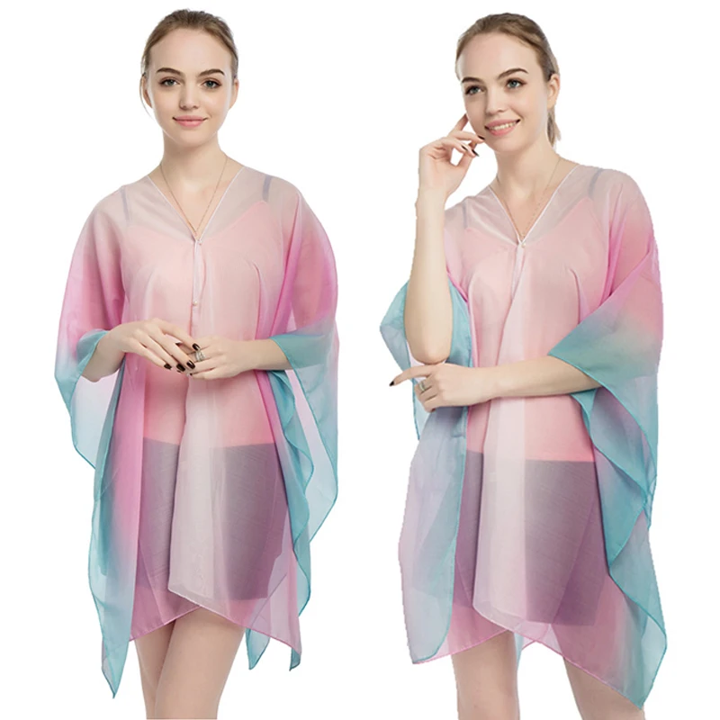 Solid Women's Sun Clothing Summer Beach Towel Pullover Top Air Conditioned Room cloak Chiffon Transparent Sunscreen Shawl