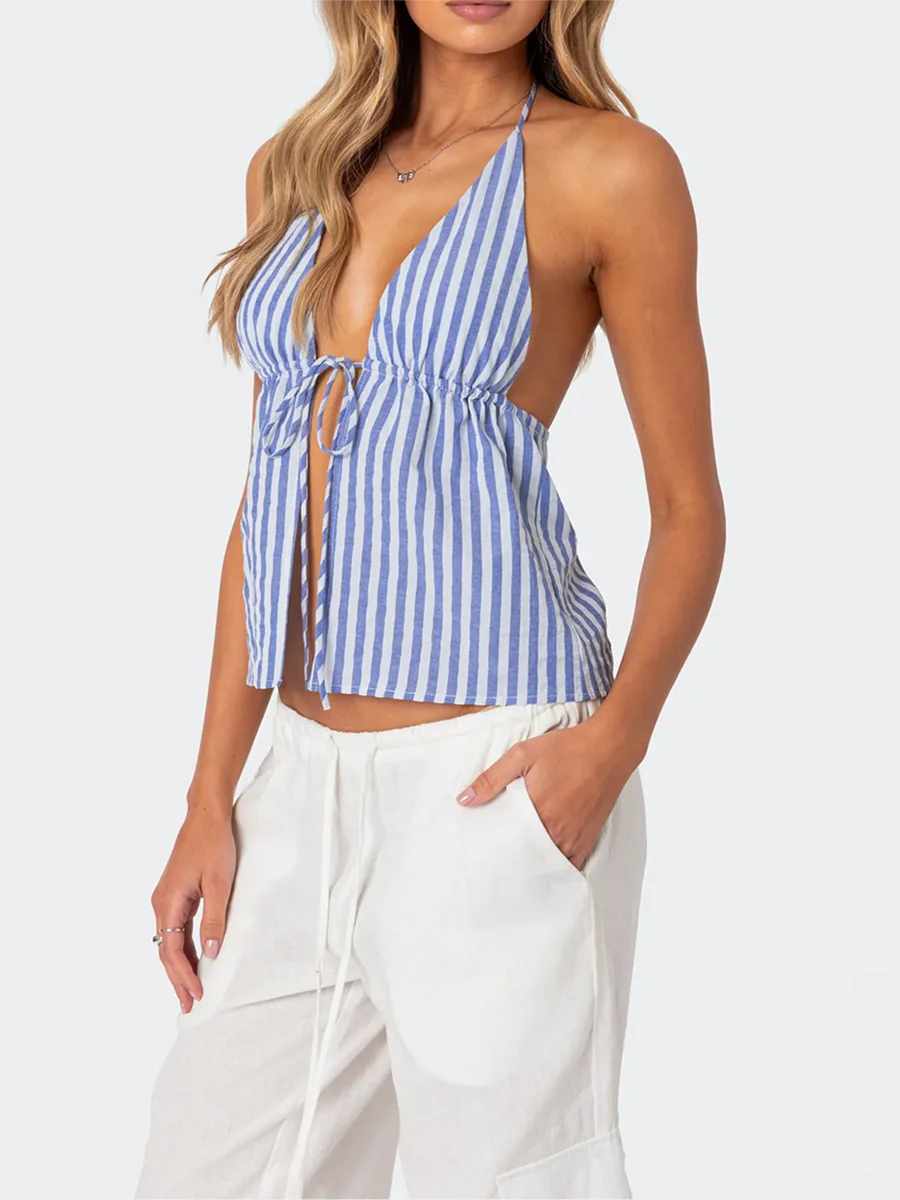 Women s Halter Neck Cami Tops  Striped Tie-Up Low Cut Sleeveless Backless Crop Shirt for Party Club