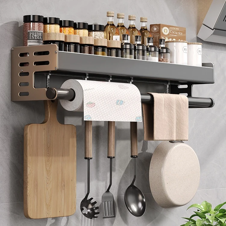 Multifunctional No Drill Wall Mount Kitchen Spice Condiment Rack Household Hanging Utensil Counter Storage Organizer Shelf
