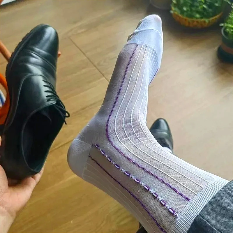 

Mens Socks Formal Dress Business White Socks Man See Through Stripe Thin Sheer Breathable Soft Male Stocking Sexy Clubwear Socks