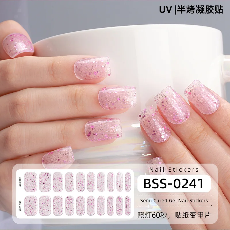 Parche de tiras de uñas de Gel semicurado, polvo de Scallion, lentejuelas brillantes, cubierta completa impermeable, necesita lámpara UV, 20 puntas