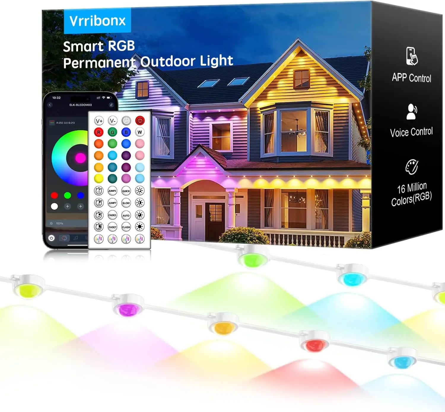 

100-футовые RGB-гирлянды для улицы, водонепроницаемые умные светодиодные светильники для карнизов с управлением через приложение/пульт, для Рождества и всех праздничных украшений