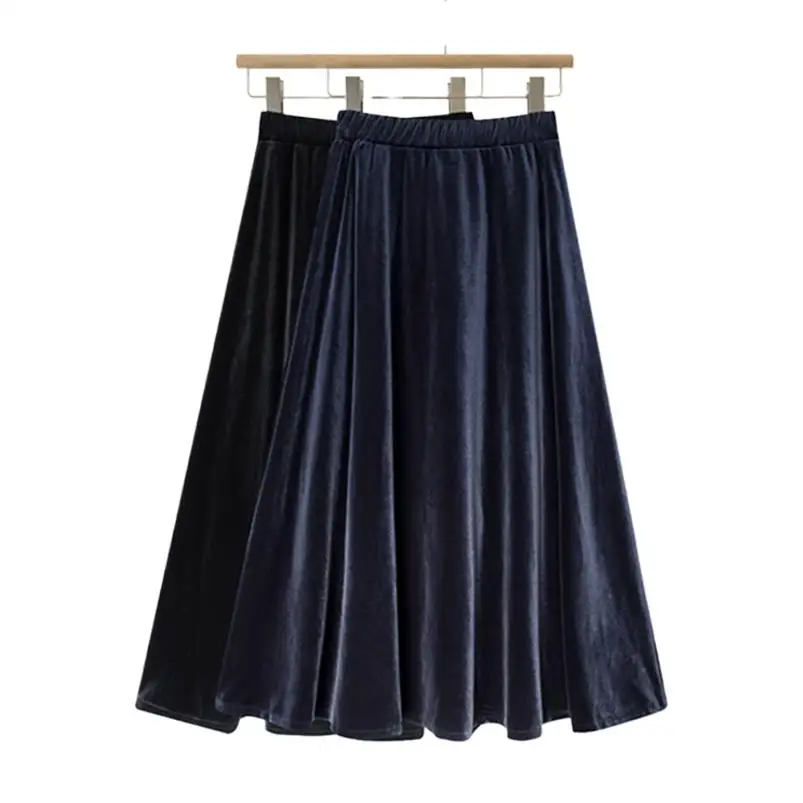 

Solid High Street Long Skirts Women High Waist Korean Style Elegant Velvet Skirts 2024 Spring Autumn Simple A-Line Velour Skirts